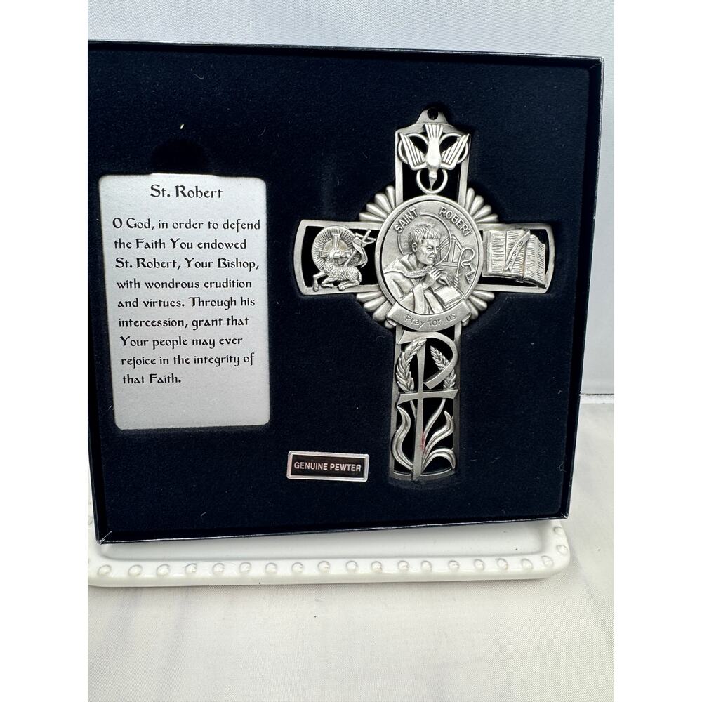 St. Robert Patron Saint Pewter Wall Cross NIB, sacrament gift